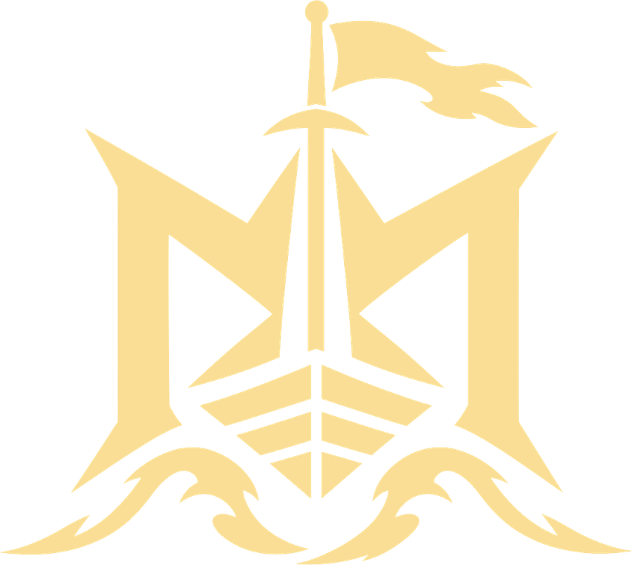 Mutiny Games emblem: a ship's bow and flag rising from the waves inside an M