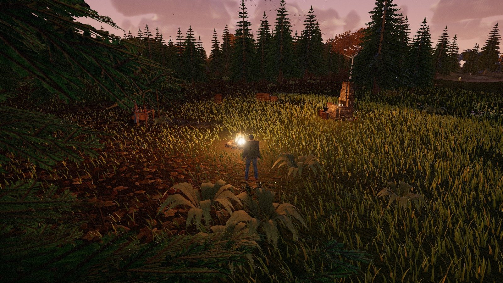 American Survivalist: Dusk at the survivor camp, the camp fire lit