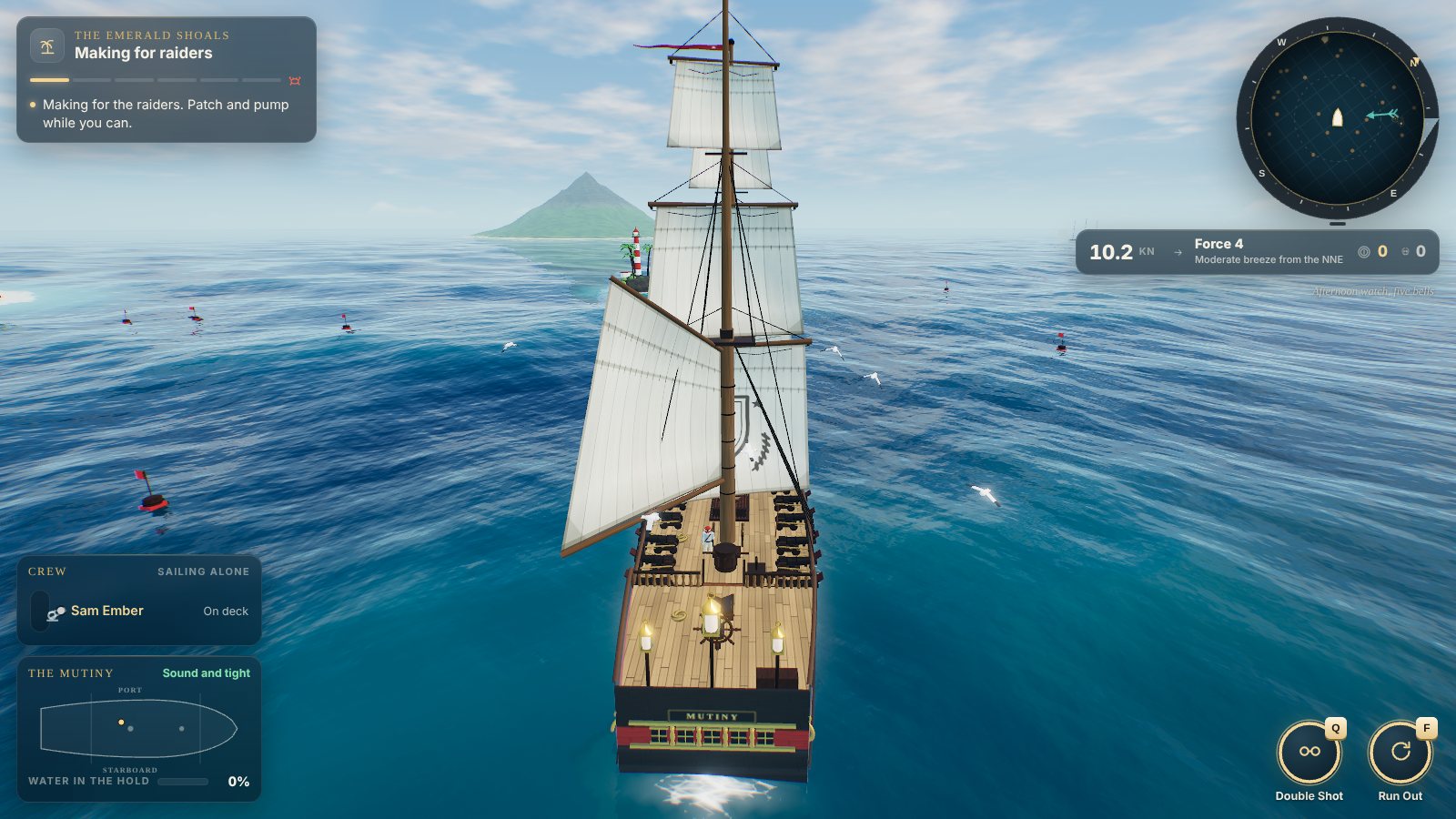 The brig Mutiny under sail on the open sea in Broadside, an island peak off the bow