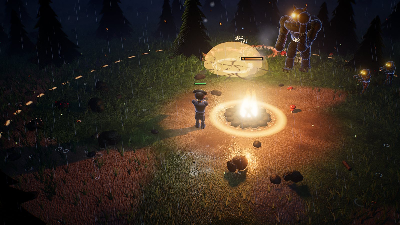 Last Ember: A Colossus walks out of the rain toward a Cannoneer
