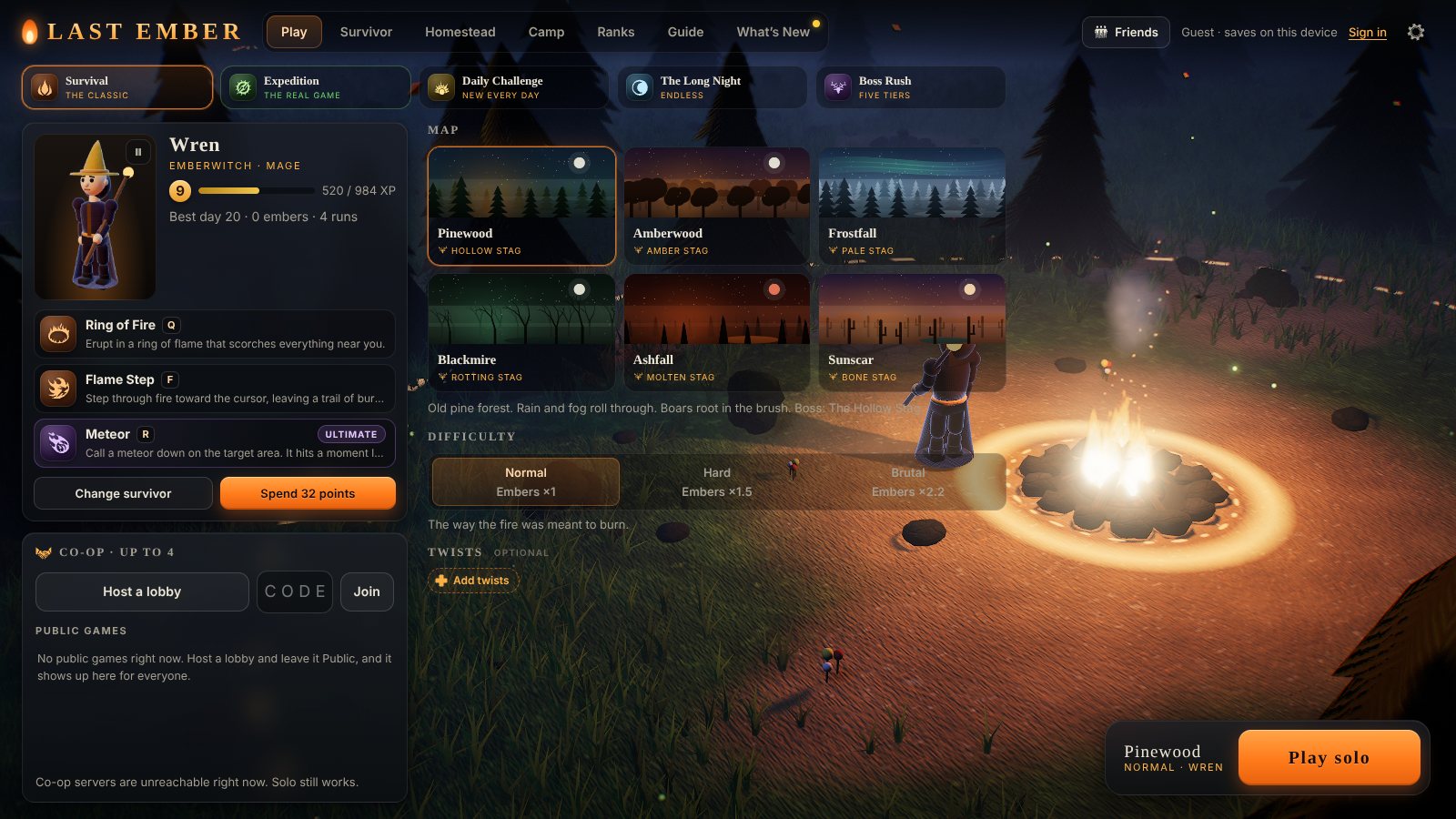 Last Ember: Pick your mode, map and difficulty