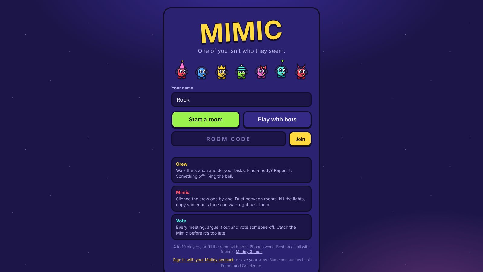 Mimic: Start a room, or fill it with bots